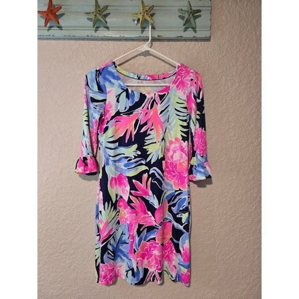 Lilly Pulitzer Sophie Ruffle Dress‎ in the "High Tide Navy Tropicolada"